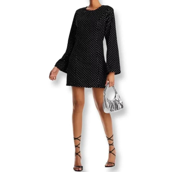 Aqua NWT Metallic Polka Dot Black Velvet Bell Sleeve Mini Dress Medium - Picture 1 of 13